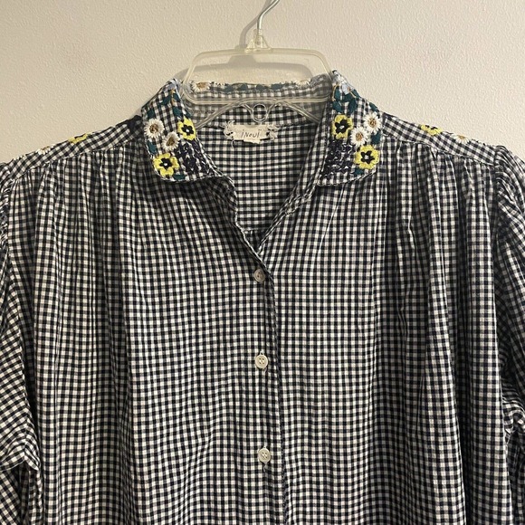 SOLD Inoui Paris XS Embroidered Gingham Check Blouse Blue White Balloon Sleev… - Picture 2 of 10